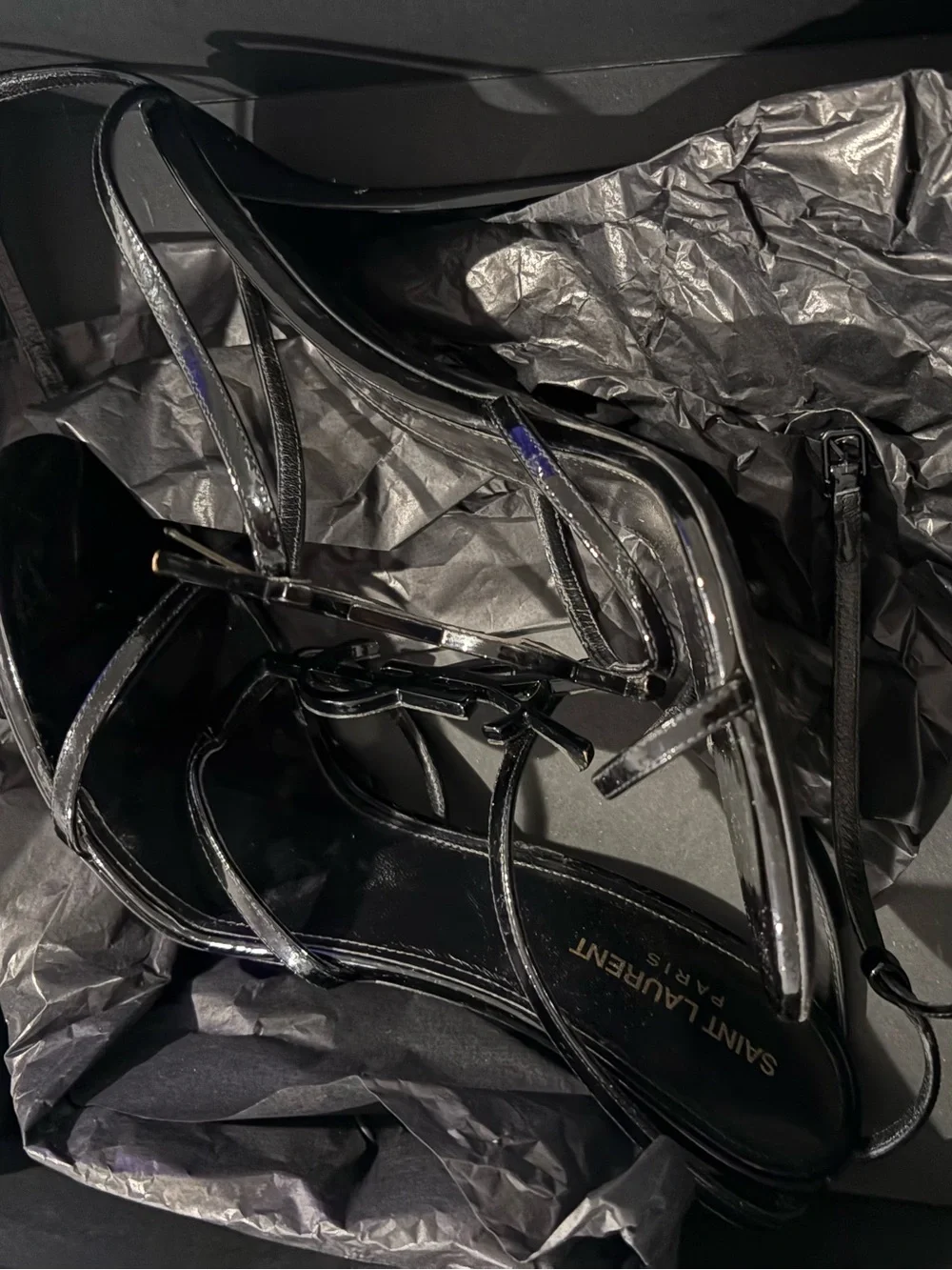 Saint Laurent Black Patent Logo Strappy Stiletto Sandals - Picture 3 of 4